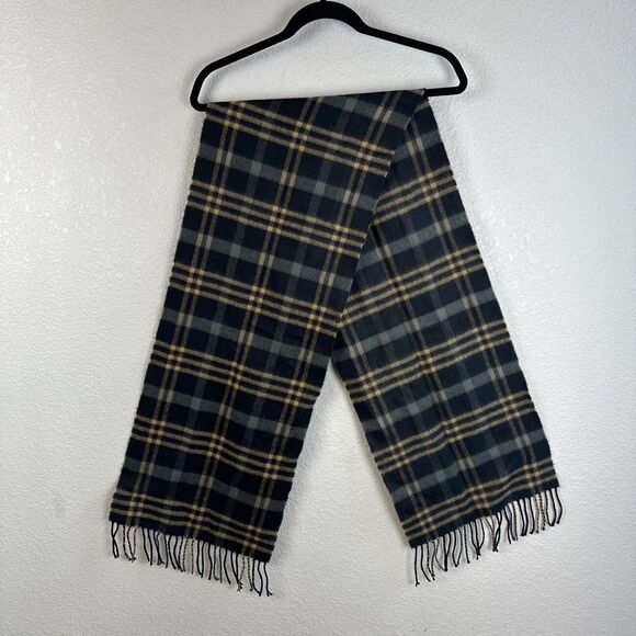 Scotland Unisex Rectangle Scarf 100% Cashmere Black Gray Tan Plaid Fringe Trim - Picture 1 of 8